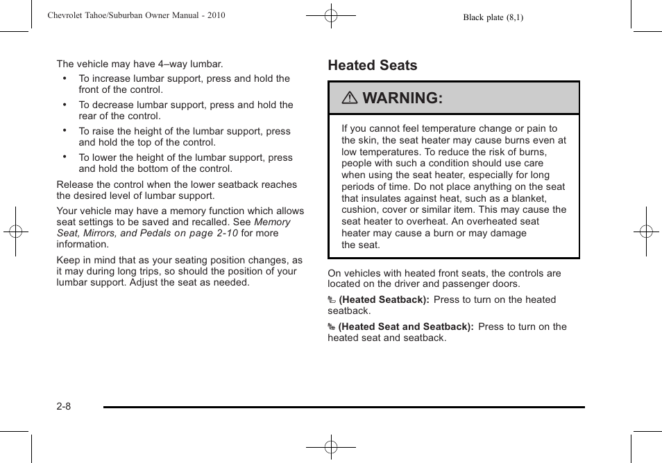 Heated seats, Heated seats -8, Warning | CHEVROLET 2010 Suburban User Manual | Page 46 / 614