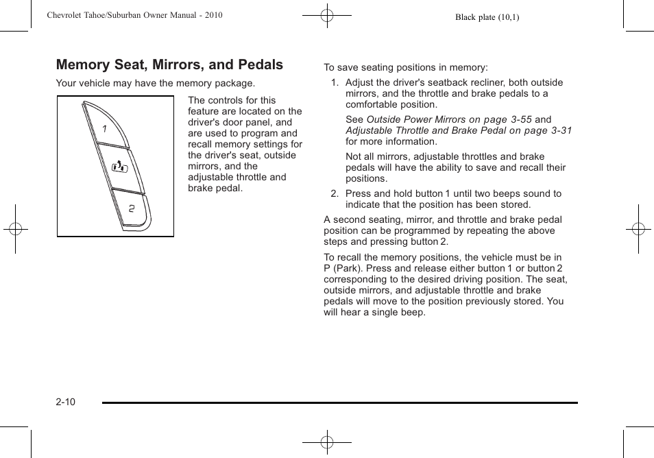 Memory seat, mirrors, and pedals, Memory seat, mirrors, and pedals -10 | CHEVROLET 2010 Suburban User Manual | Page 48 / 614