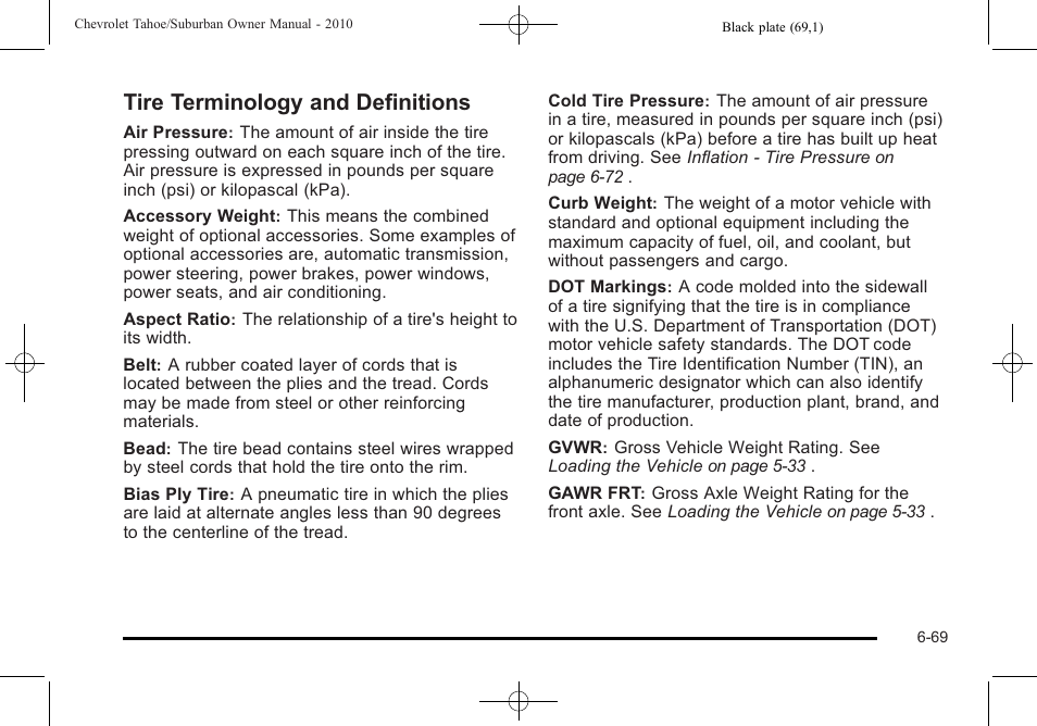 Tire terminology and definitions, Tire terminology and definitions -69 | CHEVROLET 2010 Suburban User Manual | Page 503 / 614