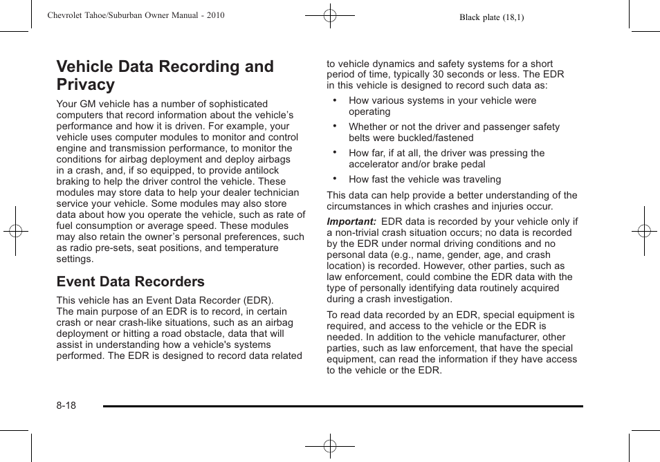 Vehicle data recording and privacy, Event data recorders, Vehicle data recording and privacy -18 | Data recording and privacy -18, Event data recorders -18 | CHEVROLET 2010 Suburban User Manual | Page 596 / 614