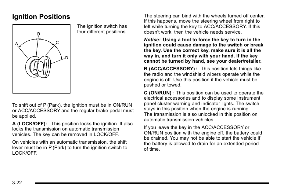 Ignition positions, Ignition positions -22 | CHEVROLET 2010 Silverado User Manual | Page 160 / 626