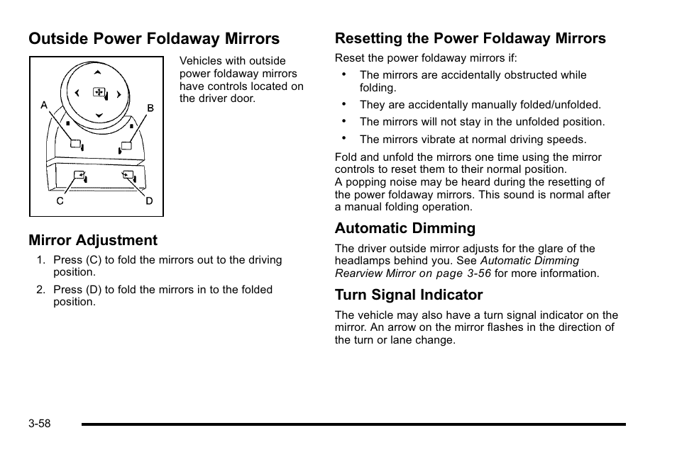 Outside power foldaway mirrors, Outside power foldaway mirrors -58, Mirror adjustment | Resetting the power foldaway mirrors, Automatic dimming, Turn signal indicator | CHEVROLET 2010 Silverado User Manual | Page 196 / 626