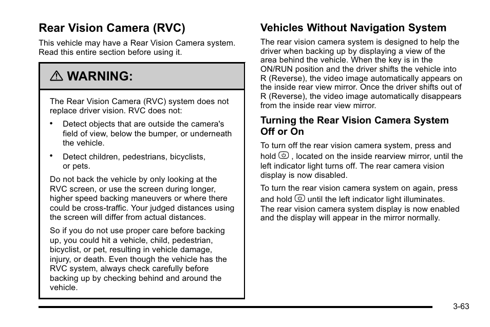 Rear vision camera (rvc), Rear vision camera (rvc) -63, Roof | Warning, Vehicles without navigation system | CHEVROLET 2010 Silverado User Manual | Page 201 / 626
