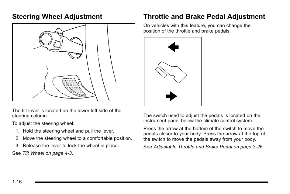 Steering wheel adjustment, Throttle and brake pedal adjustment | CHEVROLET 2010 Silverado User Manual | Page 22 / 626