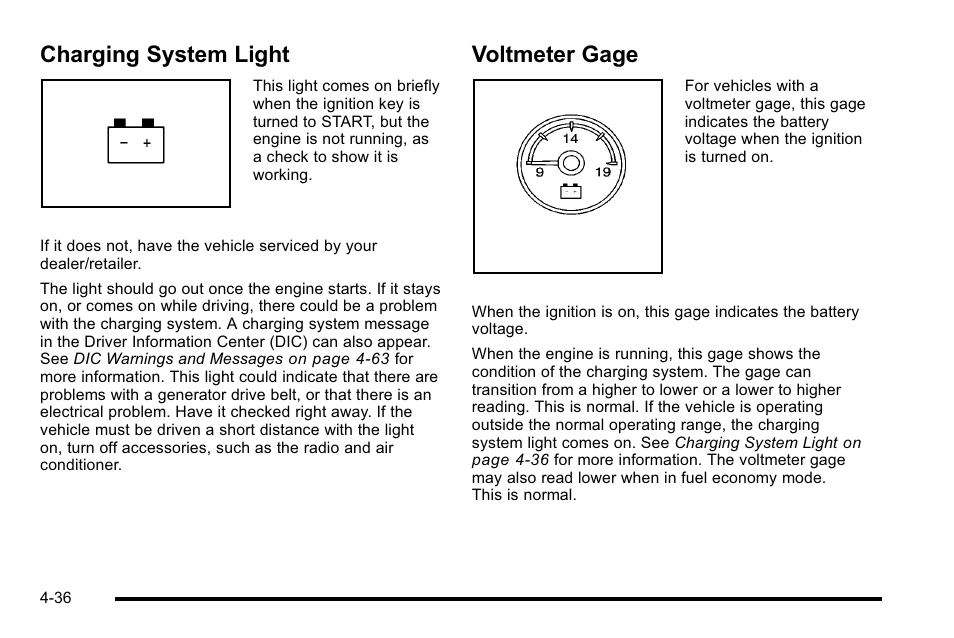 Charging system light, Voltmeter gage, Charging system light -36 voltmeter gage -36 | CHEVROLET 2010 Silverado User Manual | Page 256 / 626