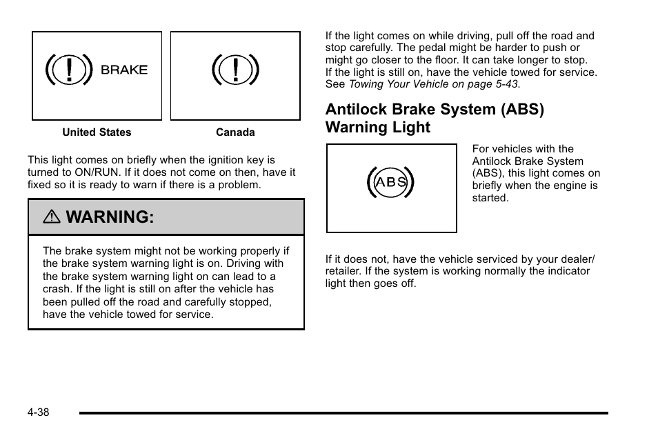 Antilock brake system (abs) warning light, Antilock brake system (abs) warning light -38, Warning | CHEVROLET 2010 Silverado User Manual | Page 258 / 626