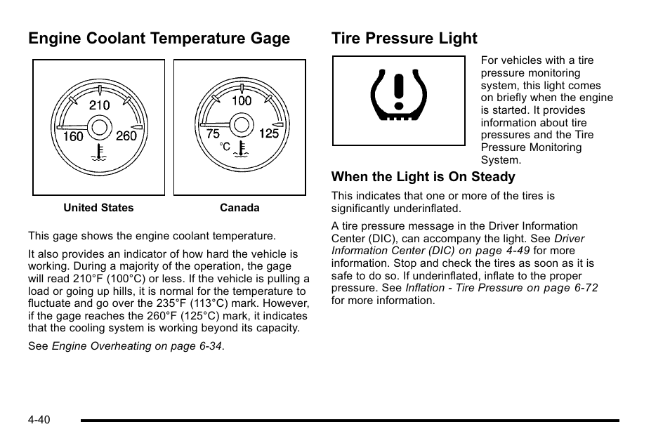 Engine coolant temperature gage, Tire pressure light | CHEVROLET 2010 Silverado User Manual | Page 260 / 626