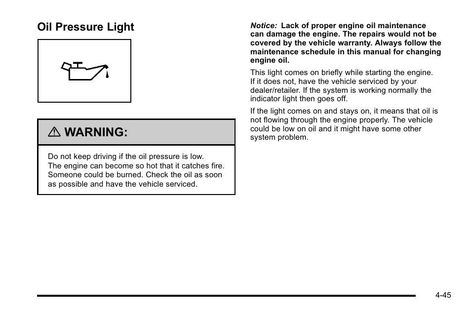 Oil pressure light, Oil pressure light -45, Warning | CHEVROLET 2010 Silverado User Manual | Page 265 / 626