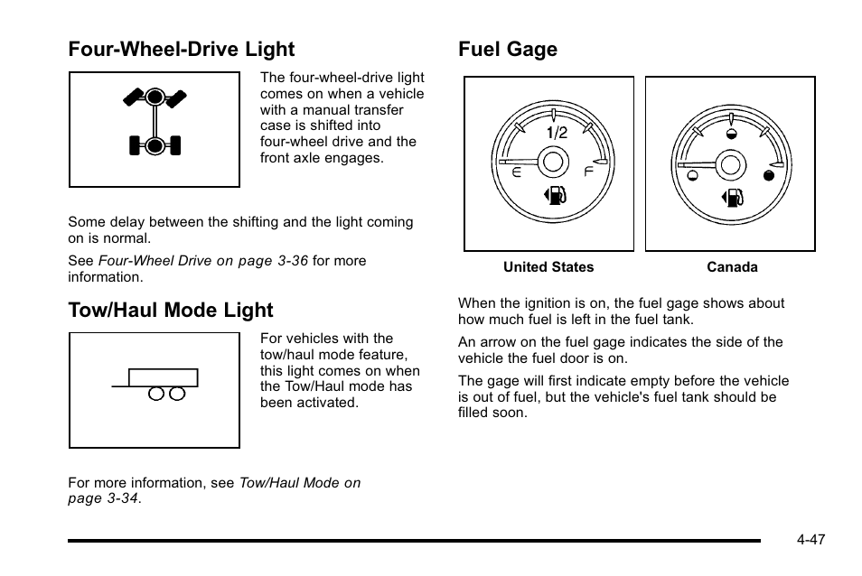 Four-wheel-drive light, Tow/haul mode light, Fuel gage | CHEVROLET 2010 Silverado User Manual | Page 267 / 626