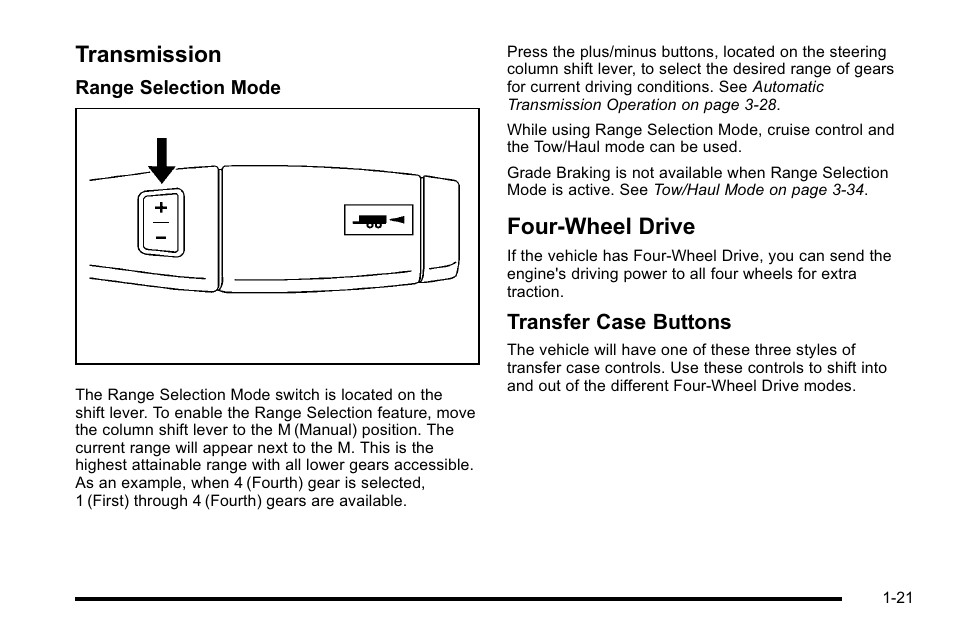 Transmission, Four-wheel drive, Transmission -21 four-wheel drive -21 | Transfer case buttons | CHEVROLET 2010 Silverado User Manual | Page 27 / 626