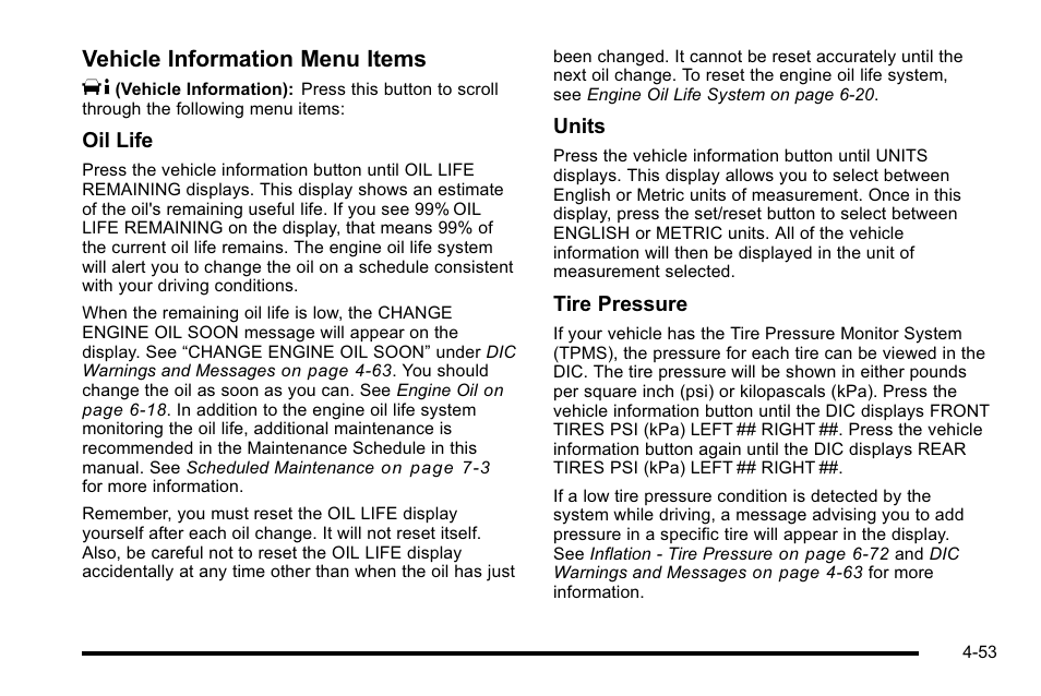 Vehicle information menu items t | CHEVROLET 2010 Silverado User Manual | Page 273 / 626