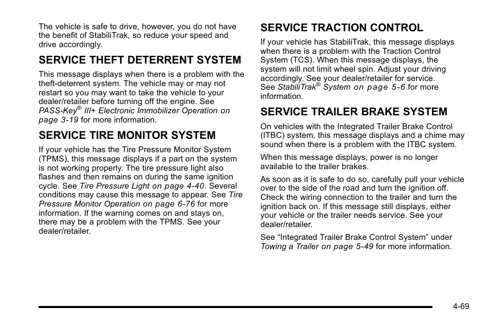 Service theft deterrent system, Service tire monitor system, Service traction control | Service trailer brake system | CHEVROLET 2010 Silverado User Manual | Page 289 / 626