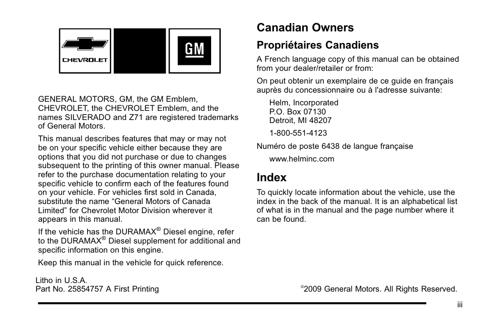 Preface, Canadian owners, Index | Propriétaires canadiens | CHEVROLET 2010 Silverado User Manual | Page 3 / 626