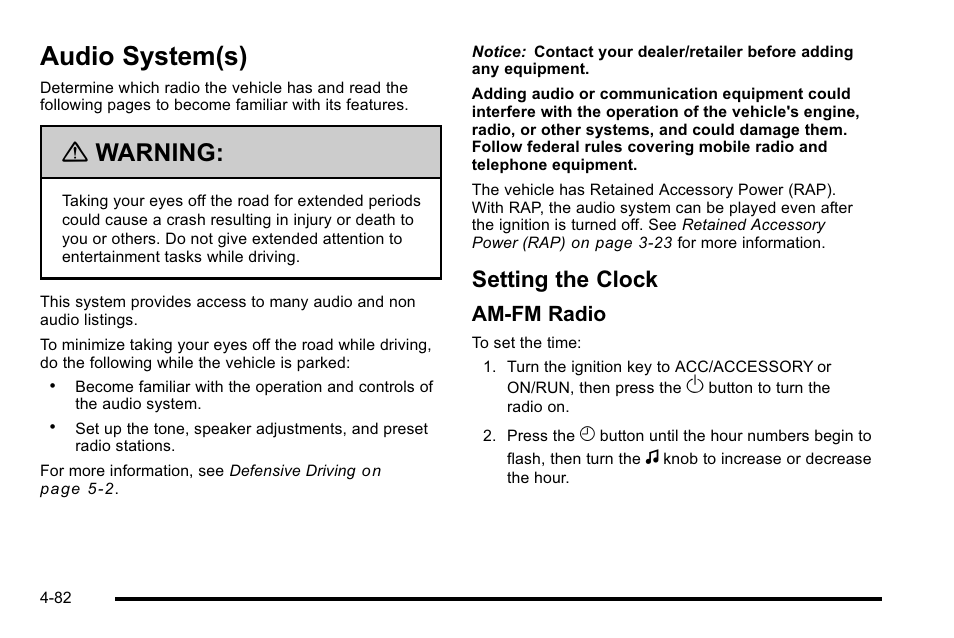 Audio system(s), Setting the clock, System(s) -82 | Audio system(s) -82, Setting the clock -82, Warning, Am-fm radio | CHEVROLET 2010 Silverado User Manual | Page 302 / 626