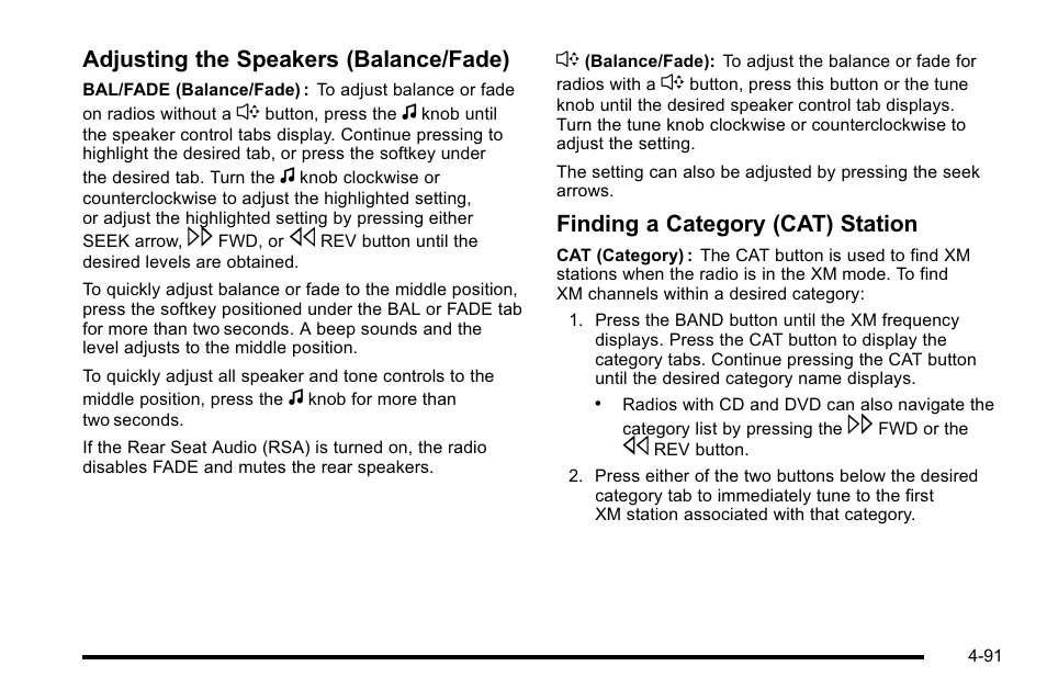 Adjusting the speakers (balance/fade), Finding a category (cat) station | CHEVROLET 2010 Silverado User Manual | Page 311 / 626