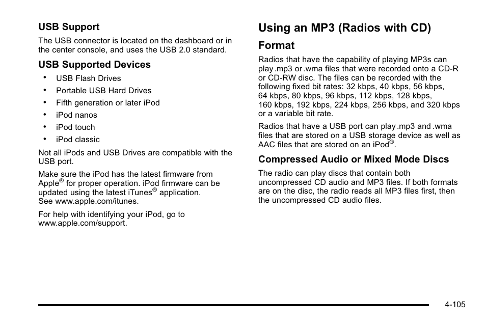 Using an mp3 (radios with cd), Using an mp3 (radios with cd) -105, Format | Usb support, Usb supported devices, Compressed audio or mixed mode discs | CHEVROLET 2010 Silverado User Manual | Page 325 / 626