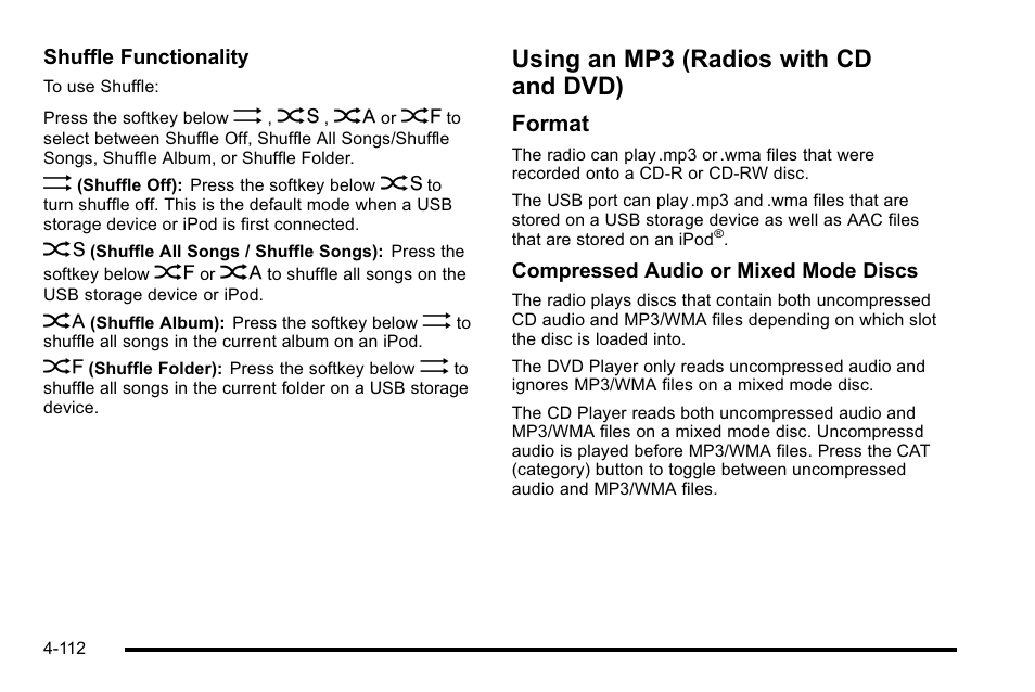 Using an mp3 (radios with cd and dvd), Using an mp3 (radios with cd and dvd) -112, Format | CHEVROLET 2010 Silverado User Manual | Page 332 / 626