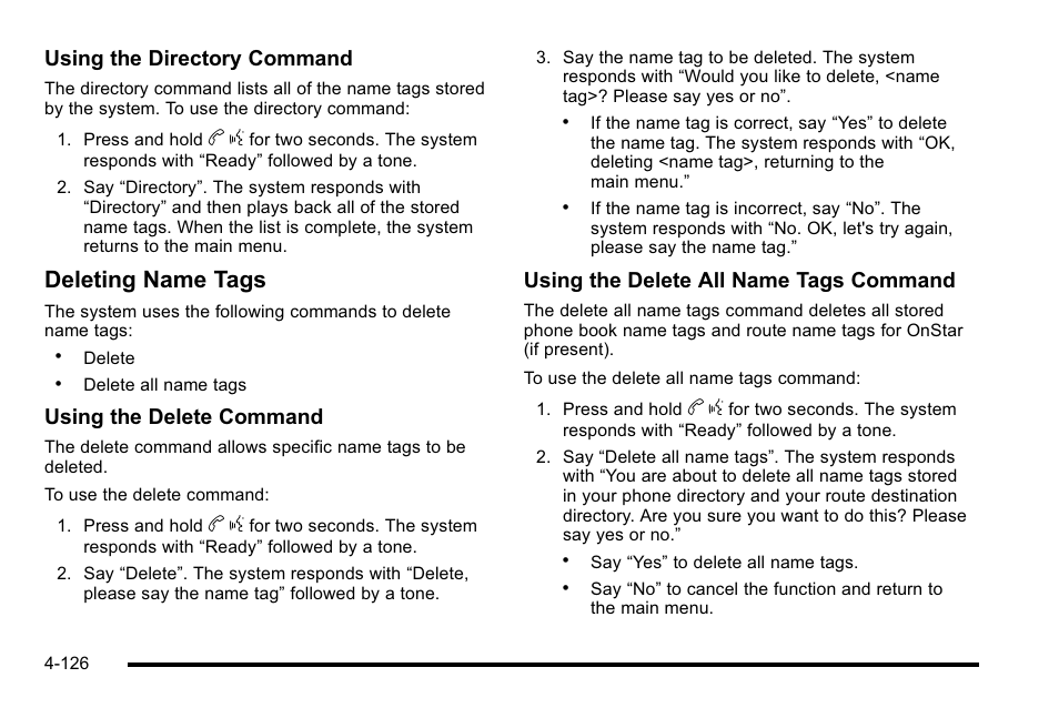 Deleting name tags, Using the directory command, Using the delete command | Using the delete all name tags command | CHEVROLET 2010 Silverado User Manual | Page 346 / 626