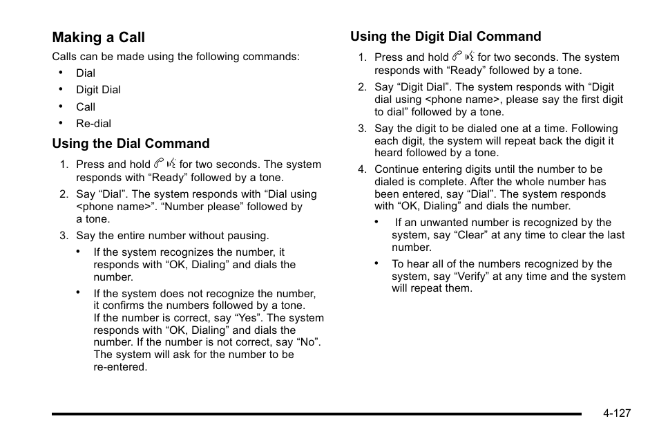 Making a call, Using the dial command, Using the digit dial command | CHEVROLET 2010 Silverado User Manual | Page 347 / 626