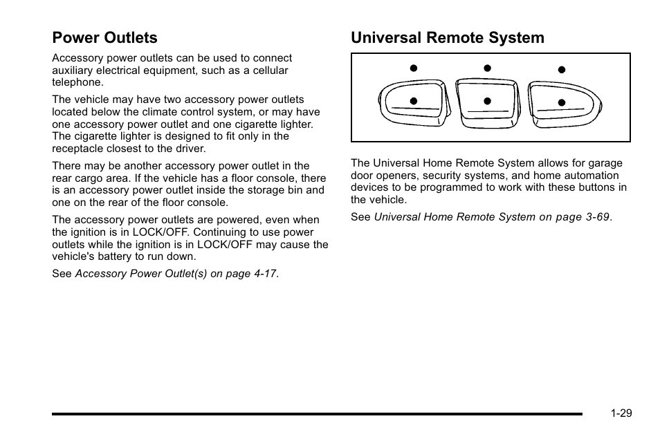 Power outlets, Universal remote system, Power outlets -29 universal remote system -29 | CHEVROLET 2010 Silverado User Manual | Page 35 / 626