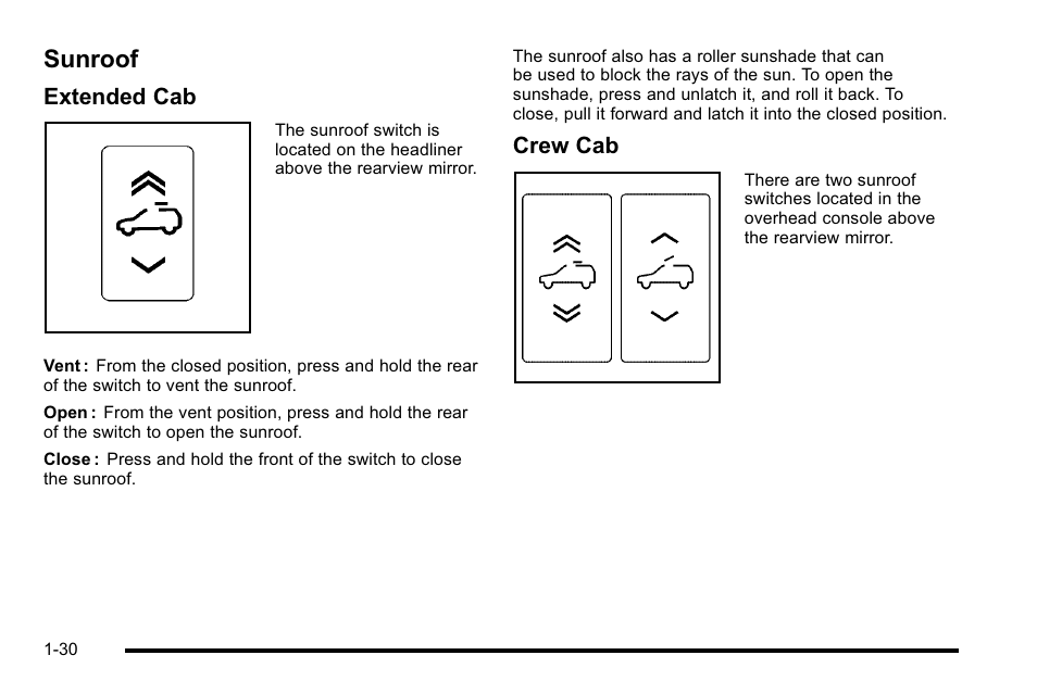 Sunroof, Sunroof -30, Extended cab | Crew cab | CHEVROLET 2010 Silverado User Manual | Page 36 / 626