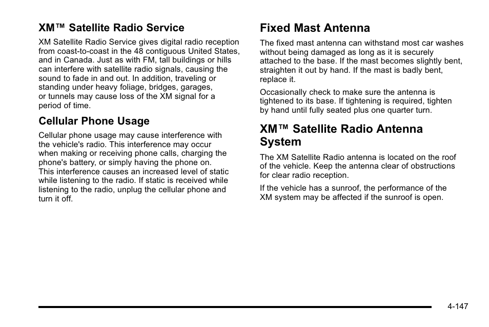 Fixed mast antenna, Xm satellite radio antenna system, Xm™ satellite radio antenna system | Xm™ satellite radio service, Cellular phone usage | CHEVROLET 2010 Silverado User Manual | Page 367 / 626