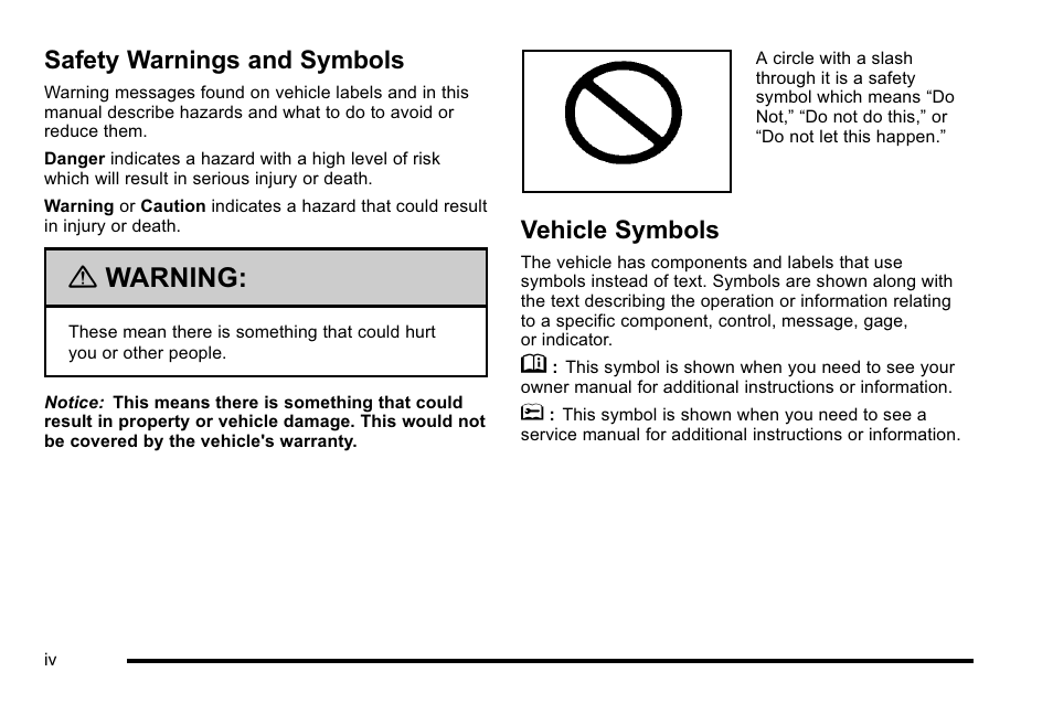 Safety warnings and symbols, Vehicle symbols, Warning | CHEVROLET 2010 Silverado User Manual | Page 4 / 626