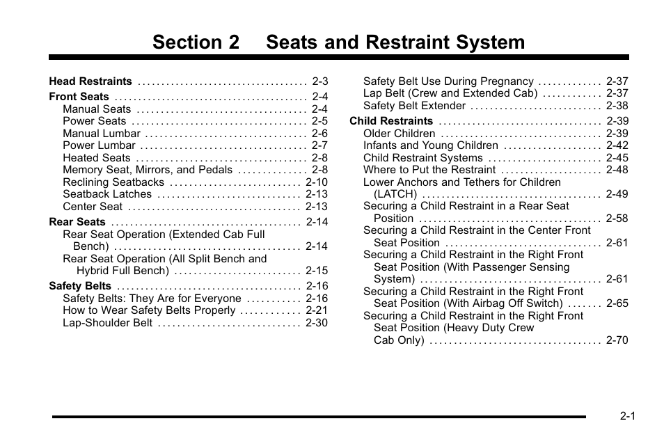 Seats and restraint system, Seats and restraint system -1 | CHEVROLET 2010 Silverado User Manual | Page 43 / 626