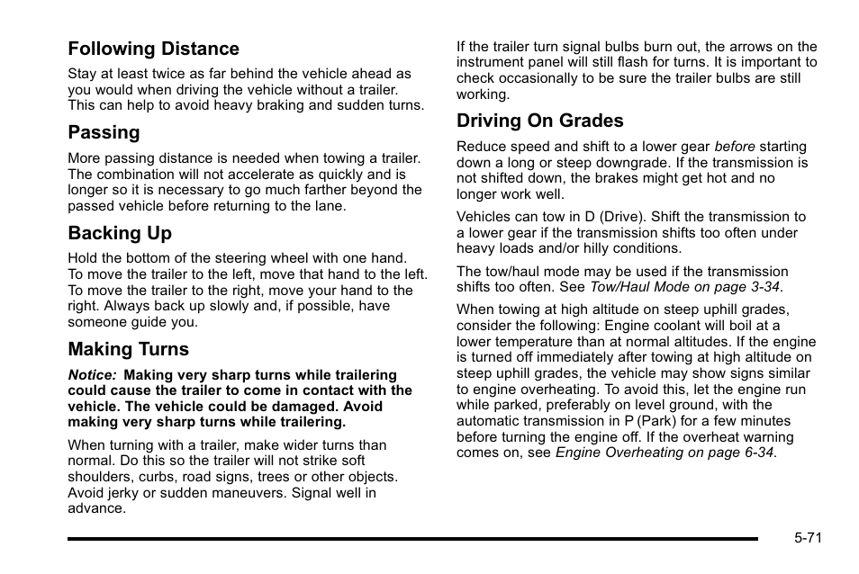 Following distance, Passing, Backing up | Making turns, Driving on grades | CHEVROLET 2010 Silverado User Manual | Page 439 / 626