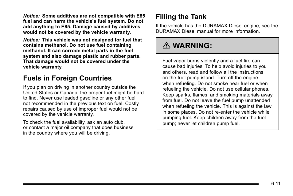 Fuels in foreign countries, Filling the tank, Warning | CHEVROLET 2010 Silverado User Manual | Page 455 / 626