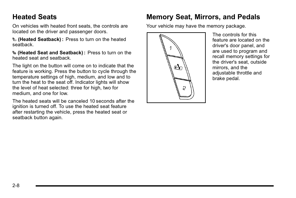 Heated seats, Memory seat, mirrors, and pedals | CHEVROLET 2010 Silverado User Manual | Page 50 / 626