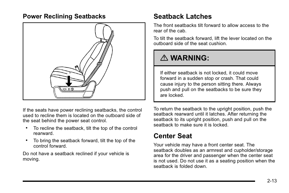 Seatback latches, Center seat, Seatback latches -13 center seat -13 | Warning, Power reclining seatbacks | CHEVROLET 2010 Silverado User Manual | Page 55 / 626