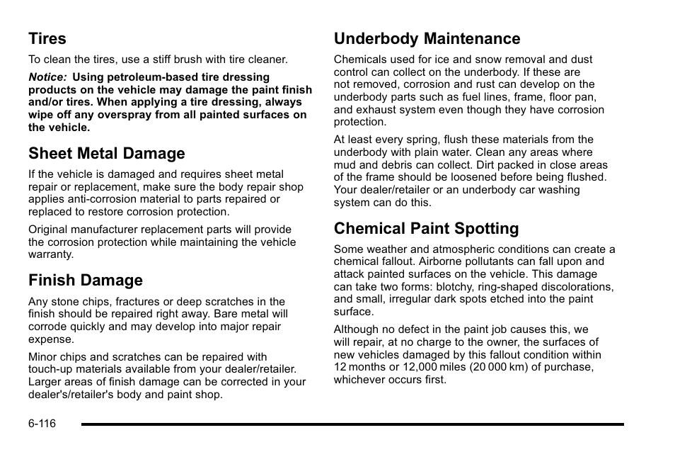 Tires, Sheet metal damage, Finish damage | Underbody maintenance, Chemical paint spotting | CHEVROLET 2010 Silverado User Manual | Page 560 / 626