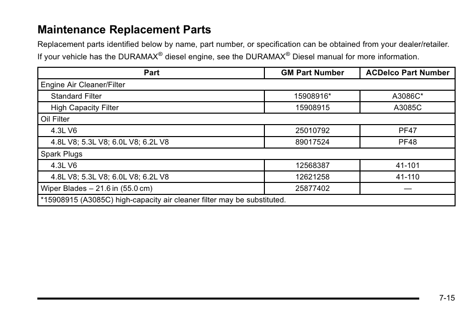 Maintenance replacement parts, Maintenance replacement parts -15 | CHEVROLET 2010 Silverado User Manual | Page 587 / 626