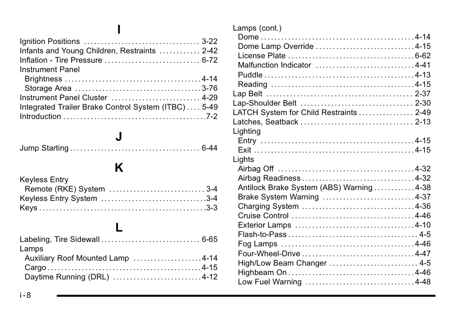 Index_i, Index_j, Index_k | Index_l | CHEVROLET 2010 Silverado User Manual | Page 618 / 626