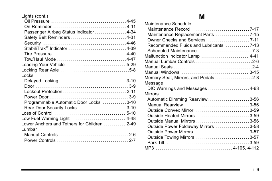 Index_m | CHEVROLET 2010 Silverado User Manual | Page 619 / 626