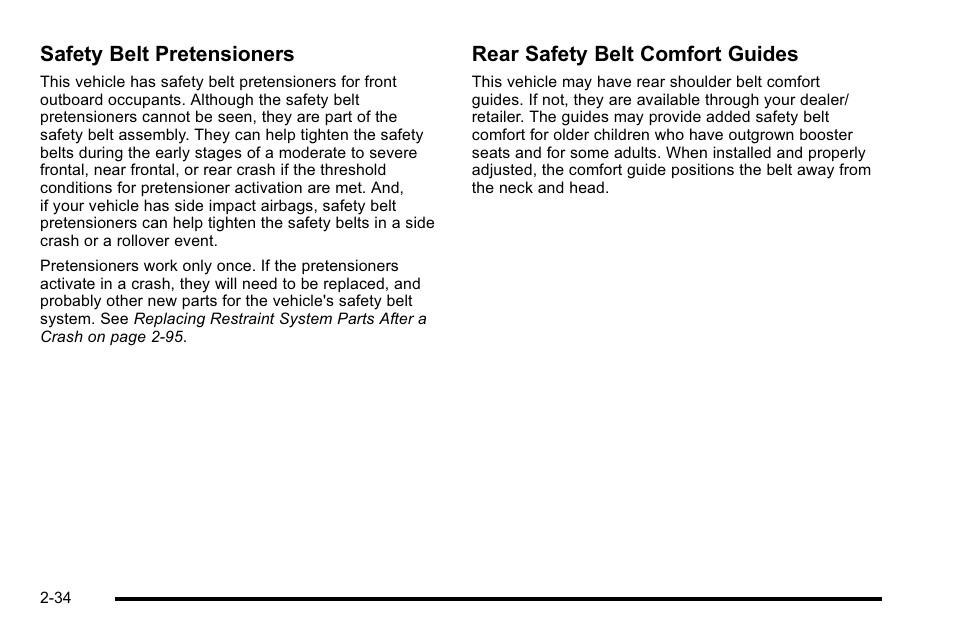 Safety belt pretensioners, Rear safety belt comfort guides | CHEVROLET 2010 Silverado User Manual | Page 76 / 626