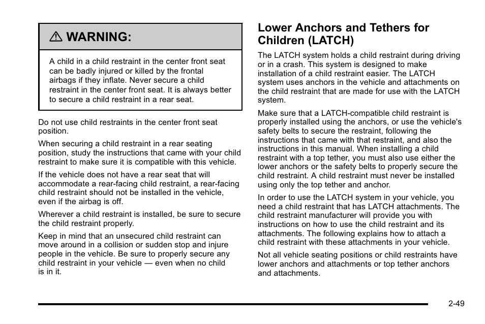 Lower anchors and tethers for children (latch), Lower anchors and tethers for children, Latch) -49 | Warning | CHEVROLET 2010 Silverado User Manual | Page 91 / 626