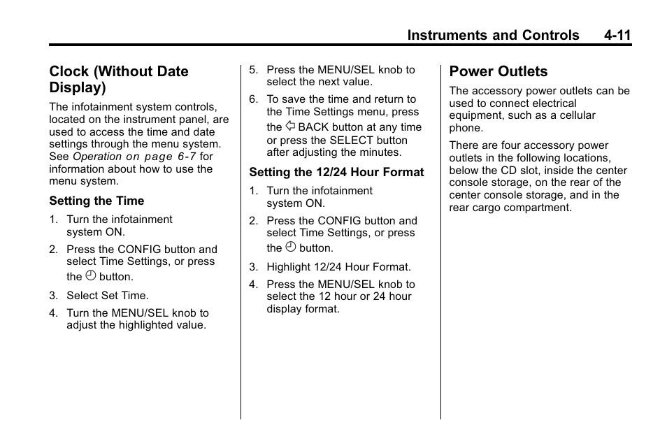 Clock (without date display), Power outlets, Clock (without date | Display) -11, Power outlets -11, Instruments and controls 4-11 | CHEVROLET 2010 Equinox User Manual | Page 103 / 410