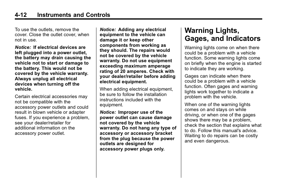 Warning lights, gages, and indicators, Gages, and, Driving and operating -1 | Warning lights, gages, and, Indicators -12 | CHEVROLET 2010 Equinox User Manual | Page 104 / 410