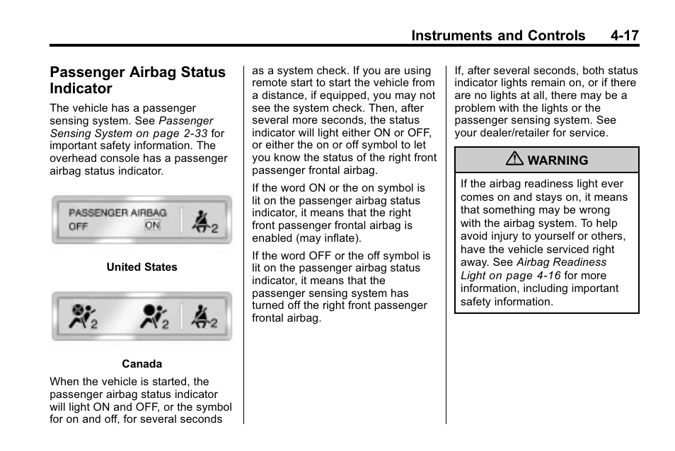 Passenger airbag status indicator, Passenger airbag status, Indicator -17 | CHEVROLET 2010 Equinox User Manual | Page 109 / 410