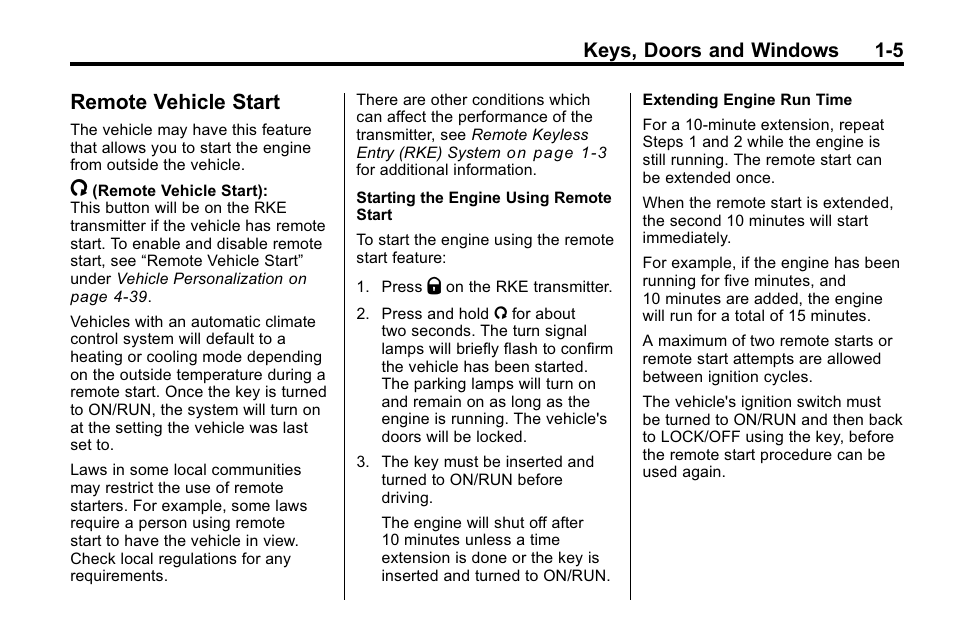 Remote vehicle start, Remote vehicle start -5, Keys, doors and windows 1-5 | CHEVROLET 2010 Equinox User Manual | Page 11 / 410