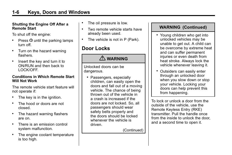 Door locks, Door locks -6, 6 keys, doors and windows | CHEVROLET 2010 Equinox User Manual | Page 12 / 410