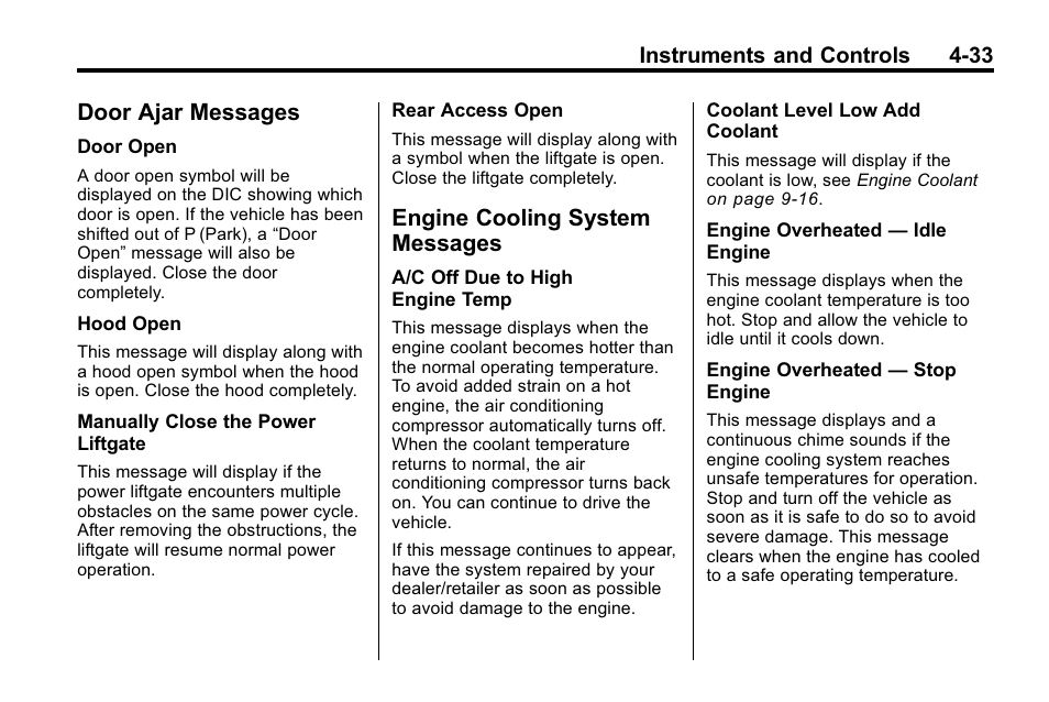 Door ajar messages, Engine cooling system messages, Door ajar messages -33 engine cooling system | Messages -33, Vehicle | CHEVROLET 2010 Equinox User Manual | Page 125 / 410