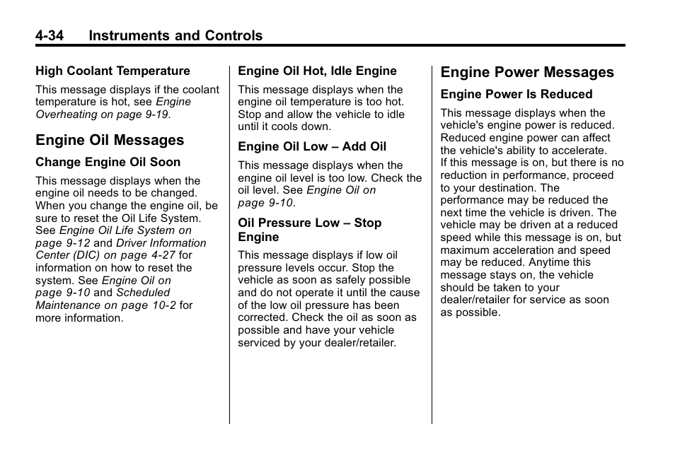 Engine oil messages, Engine power messages, Engine oil messages -34 engine power messages -34 | CHEVROLET 2010 Equinox User Manual | Page 126 / 410