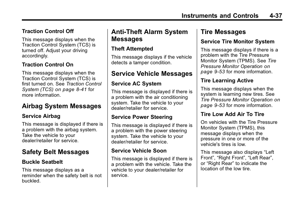 Airbag system messages, Safety belt messages, Anti-theft alarm system messages | Service vehicle messages, Tire messages, Messages -37, Service vehicle messages -37 | CHEVROLET 2010 Equinox User Manual | Page 129 / 410