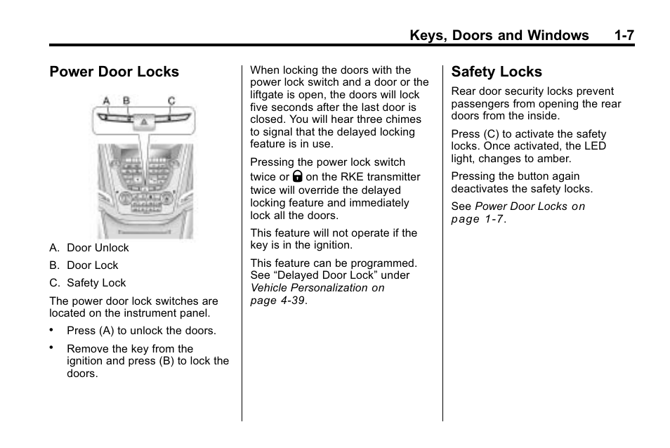Power door locks, Safety locks, Power door locks -7 safety locks -7 | Keys, doors and windows 1-7 | CHEVROLET 2010 Equinox User Manual | Page 13 / 410