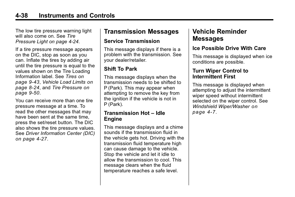Transmission messages, Vehicle reminder messages, Ransmission messages -38 | Ehicle reminder, Messages -38 | CHEVROLET 2010 Equinox User Manual | Page 130 / 410