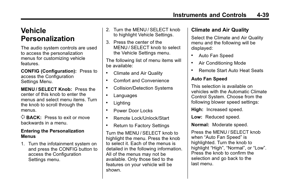 Vehicle personalization, Personalization -39, Engine exhaust | Instruments and controls 4-39 | CHEVROLET 2010 Equinox User Manual | Page 131 / 410