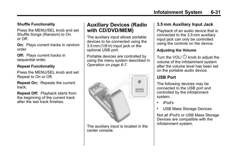 Auxiliary devices (radio with cd/dvd/mem), Auxiliary devices (radio with, Cd/dvd/mem) -31 | Taking, Infotainment system 6-31 | CHEVROLET 2010 Equinox User Manual | Page 173 / 410